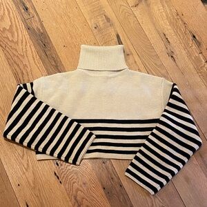 Anna Rae Chunky Knit Striped Crop L/S Roll Neck Cowl Sweater Tan Black Size M